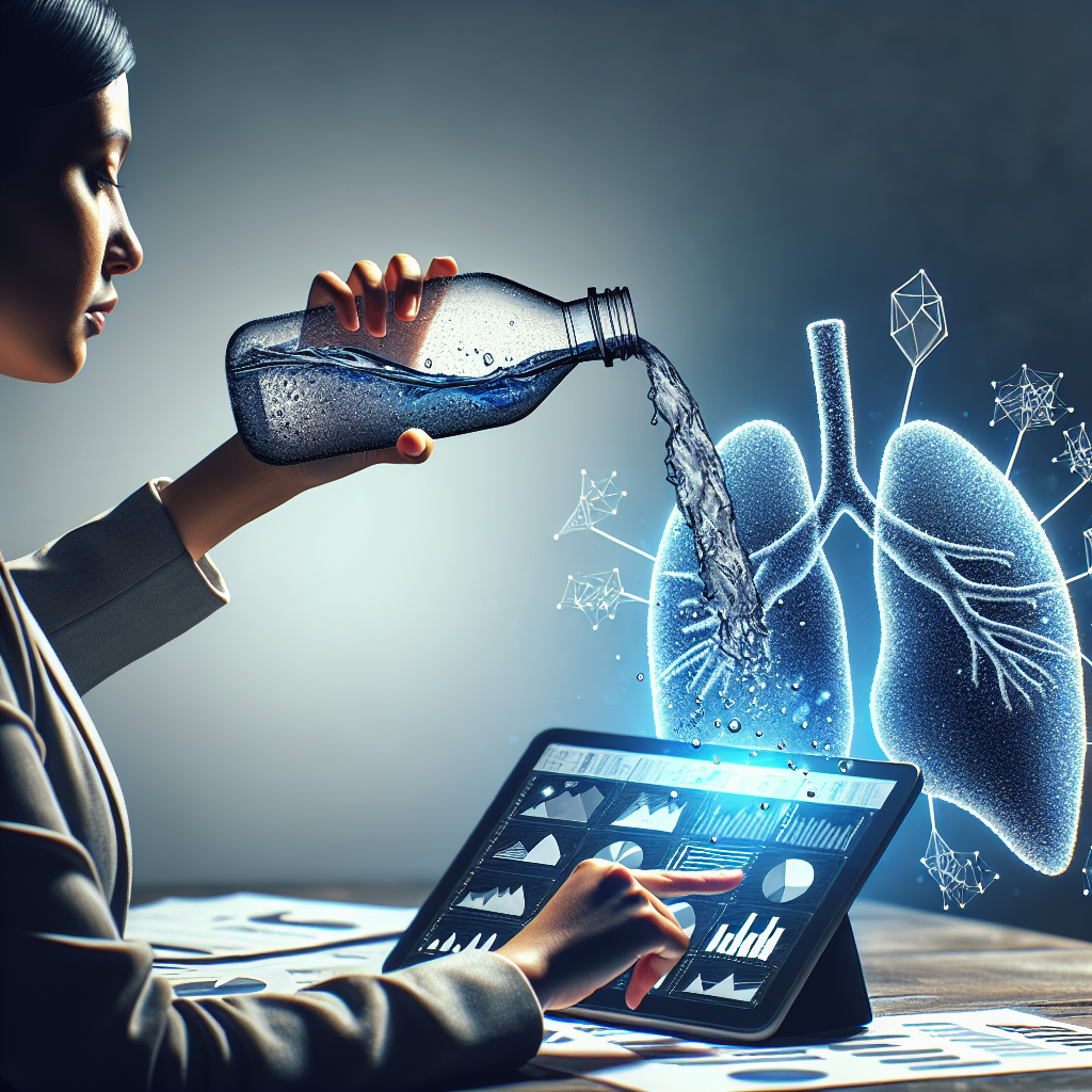 An image illustrating the concept of acute liver failure caused by Real Water in a metaphorical manner. Visualize an upended bottle of water with symbolic liver-shaped droplets pouring out. On the other side of the image, depict a person working at a tablet, showing graphs and diagrams related to financial strategies. The person is of South Asian descent and is female. The shade of the digital tablet illuminates her face, emphasizing her concentration and determination. Use neutral colors for the room, while the tablet, bottle and droplets should have more vivid colors for emphasis.