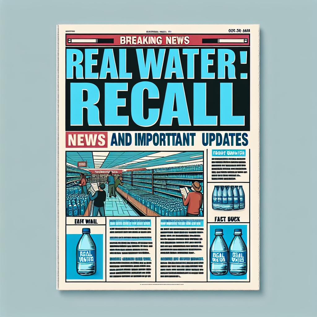 Envision a lively newspaper page dedicated to a breaking news story. The main headline in bold, eye-catching letters reads 'Real Water Recall 2021: Urgent News and Important Updates'. Below the headline there's a wide picture of stores removing bottles of water from their shelves, and people reading flyers posted about the recall. One corner of the page features a fact box titled 'Important Updates' and outlines the details of the recall. Please ensure the newspaper design feels modern and professional, with a clear and readable layout.