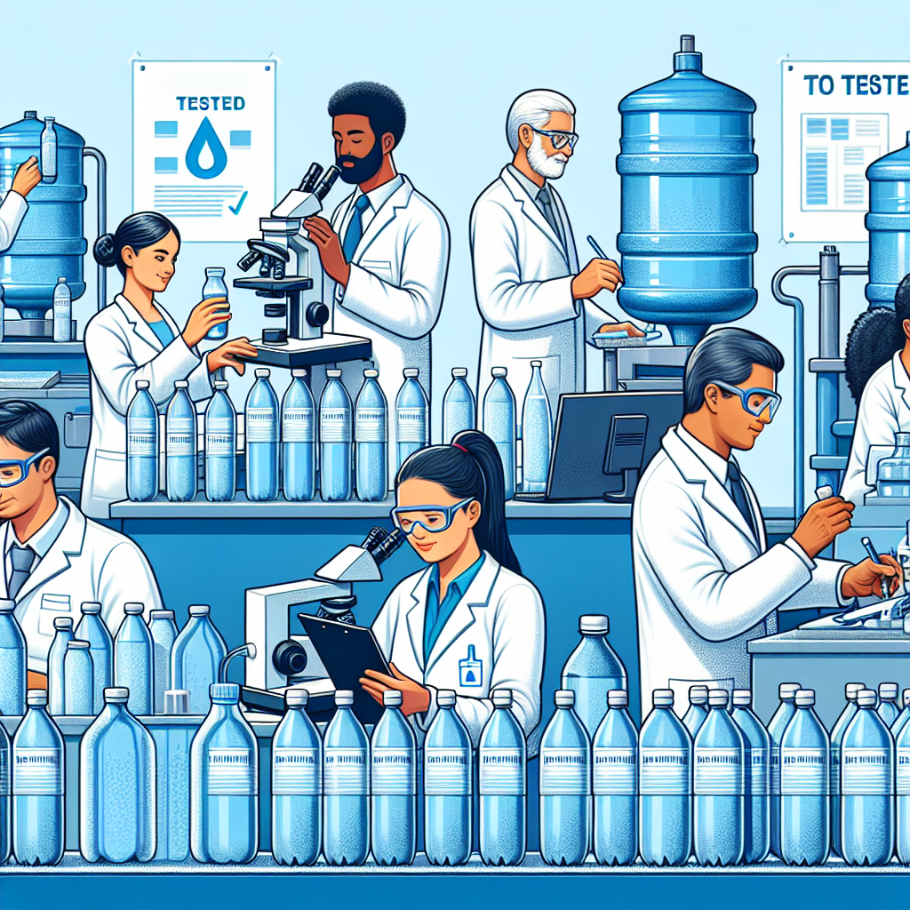 An image depicting a detailed scene of a bottled water safety laboratory. Experts of various descents and both genders are conducting tests on different bottles of water. One South Asian woman is studying a water sample under a microscope, and a Caucasian man is documenting the results in front of a computer. A black woman is testing the plastic of the water bottles, and a Middle-Eastern man is diligently checking the water purification machine's accuracy. Each individual is wearing appropriate safety gear. In the background, there are shelves with bottles of water labeled 'tested' and 'to be tested'.