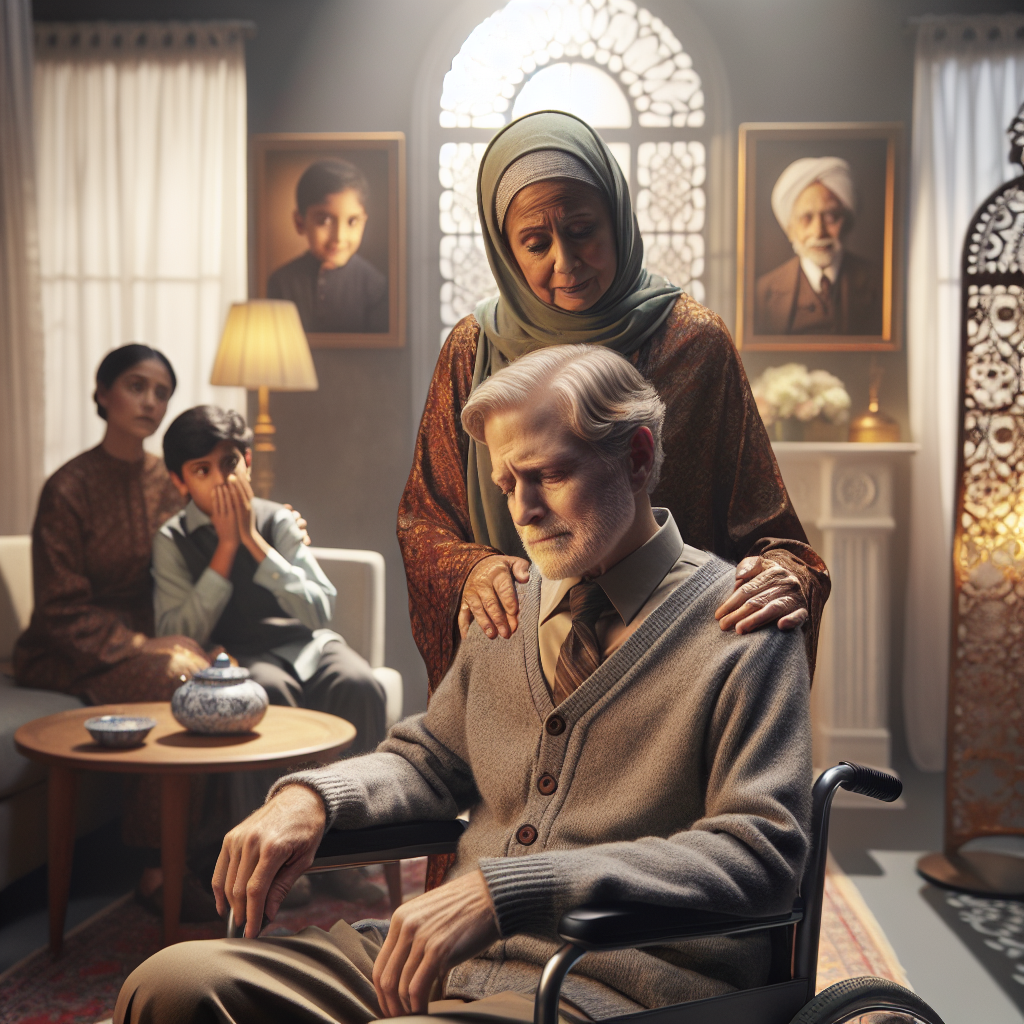 An evocative image representing a Caucasian family gathered in their living room, with an elderly male who is displaying the signs of advanced ALS, seated in a wheelchair. He is being comforted by a Middle-Eastern woman, possibly his daughter, with visible sadness in her eyes. In the background, a South Asian young boy, probably his grandson, is looking at him with a mixture of confusion and concern. The setting includes subtle symbolism of compassion, such as family pictures on the wall and a warm fireplace burning, creating an intimate atmosphere where the emotional toll of an ALS diagnosis on familial relationships become palpable.