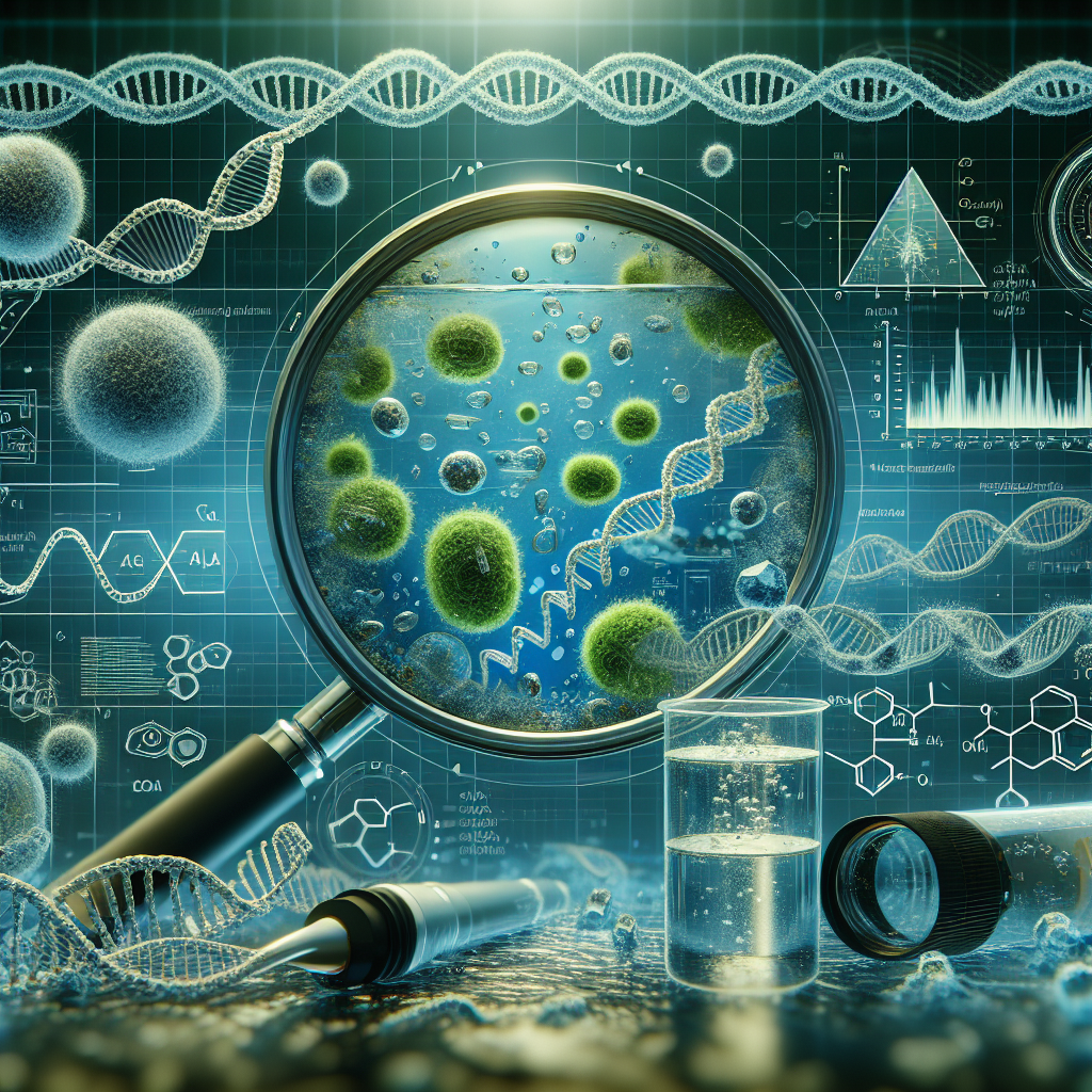 Visualize a microscopic close-up view of cyanobacteria, the green-blue algae, floating in water. Intersperse the scene with symbolic elements like broken DNA strands to represent the potential risk factor for ALS (Amyotrophic Lateral Sclerosis). Also, incorporate various scientific instruments and charts to depict thorough analysis and research. Please ensure that the overall scene conveys a sense of urgency and deep scientific exploration.