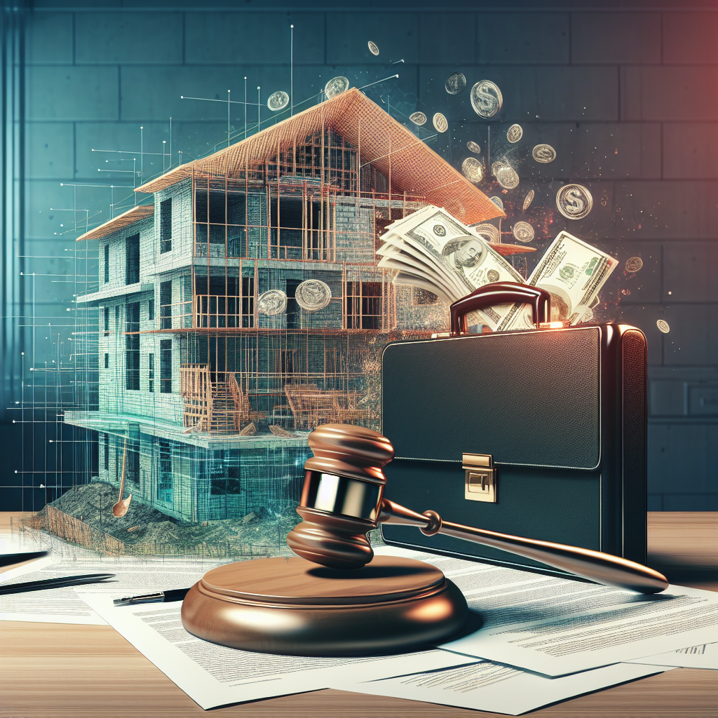 Generate a high-quality, photorealistic image that depicts a scene related to a significant construction case win. Show a symbolic gavel striking down in a courtroom, papers denoting the details of the case strewn about, and an abstract representation of a construction site in the background. Adjacent to the gavel, display a briefcase full of money symbolizing the huge sum involved in the case.