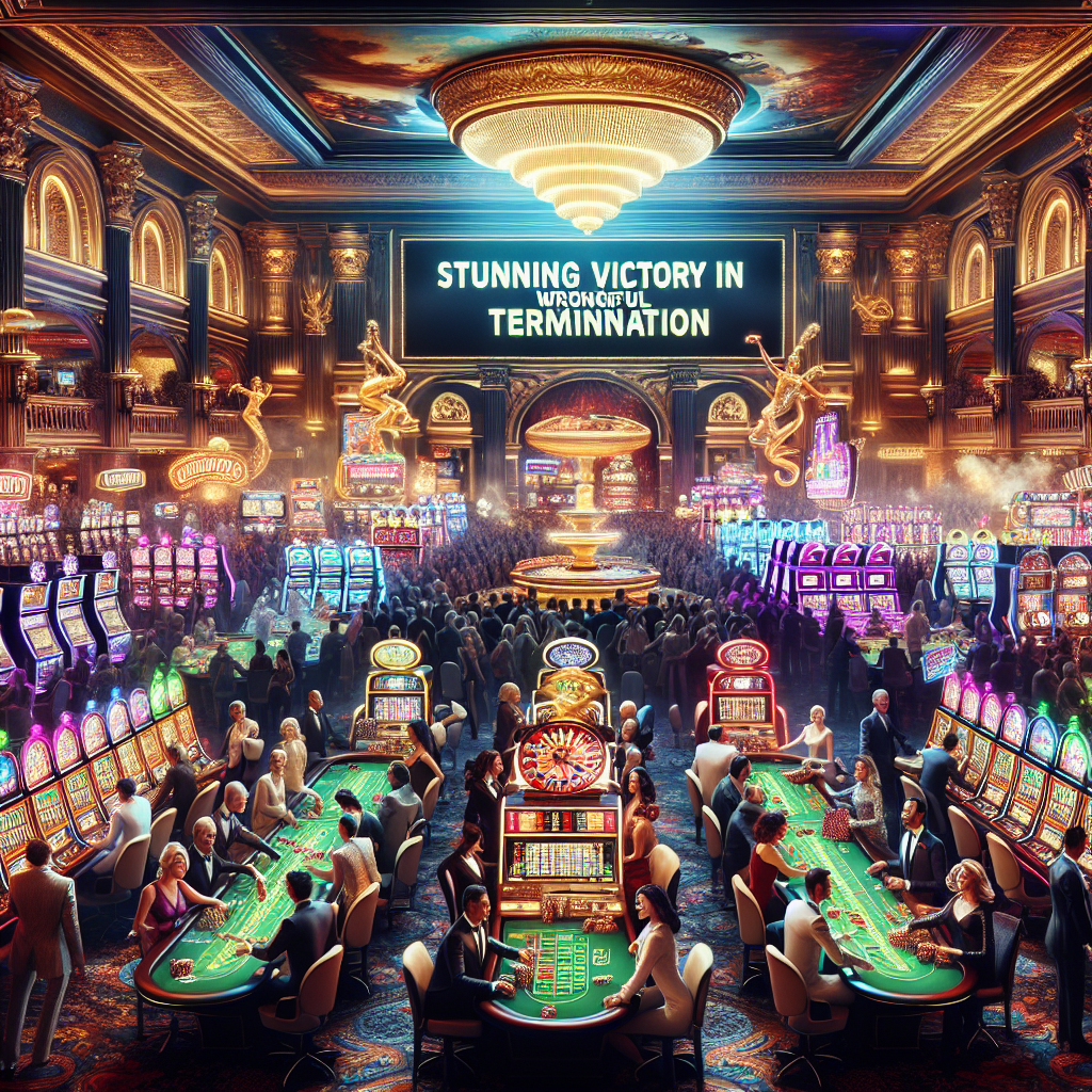 Visualize an opulent, grand casino full of lively, happy players of different descents and genders indulging in their casino games. The atmosphere is energetic and colorful with lights flickering from slot machines, a roulette wheel spinning, and chips being tossed on poker tables. In the background, prominently displayed on a digital billboard, are the words 'Stunning Victory in Wrongful Termination'. This implies a sense of justice being served and brings an additional celebratory mood to the bustling atmosphere.