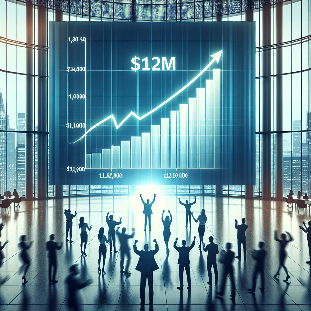 Create a high-quality, photorealistic image that represents a significant financial triumph in the context of insurance. Think along the lines of a large, grand-scale insurance office with a huge graph on a digital screen showing a sharp rise to represent a $12M increase. Make the atmosphere of the scene victorious with people in professional attire celebrating the outcome.