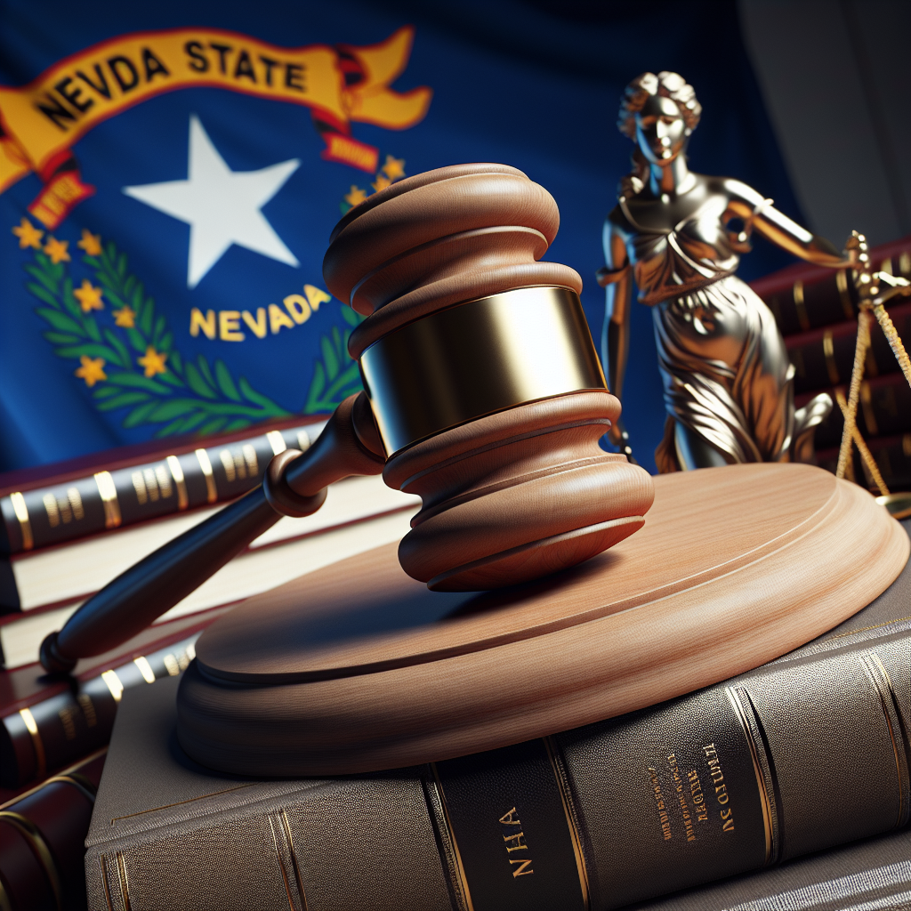 Generate a high-quality, photorealistic image of a grand classical gavel resting on a pile of legal books with the Nevada state flag in the background to illustrate a stunning win in a hypothetical court case. Keep the mood triumphant and dignified.