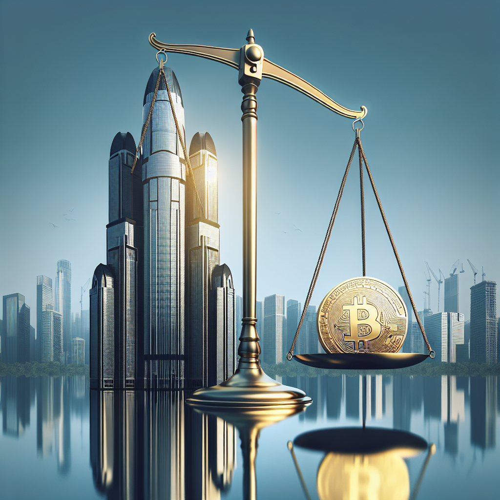 Generate an image symbolizing a colossal real estate fraud incident resulting in a stunning 20 million dollar settlement. The image can depict a towering, luxurious skyscraper that casts a long shadow over a city landscape. In the foreground, a scale balance symbolizing justice, with one side weighted by a massive gold coin representing the 20 million dollar settlement.