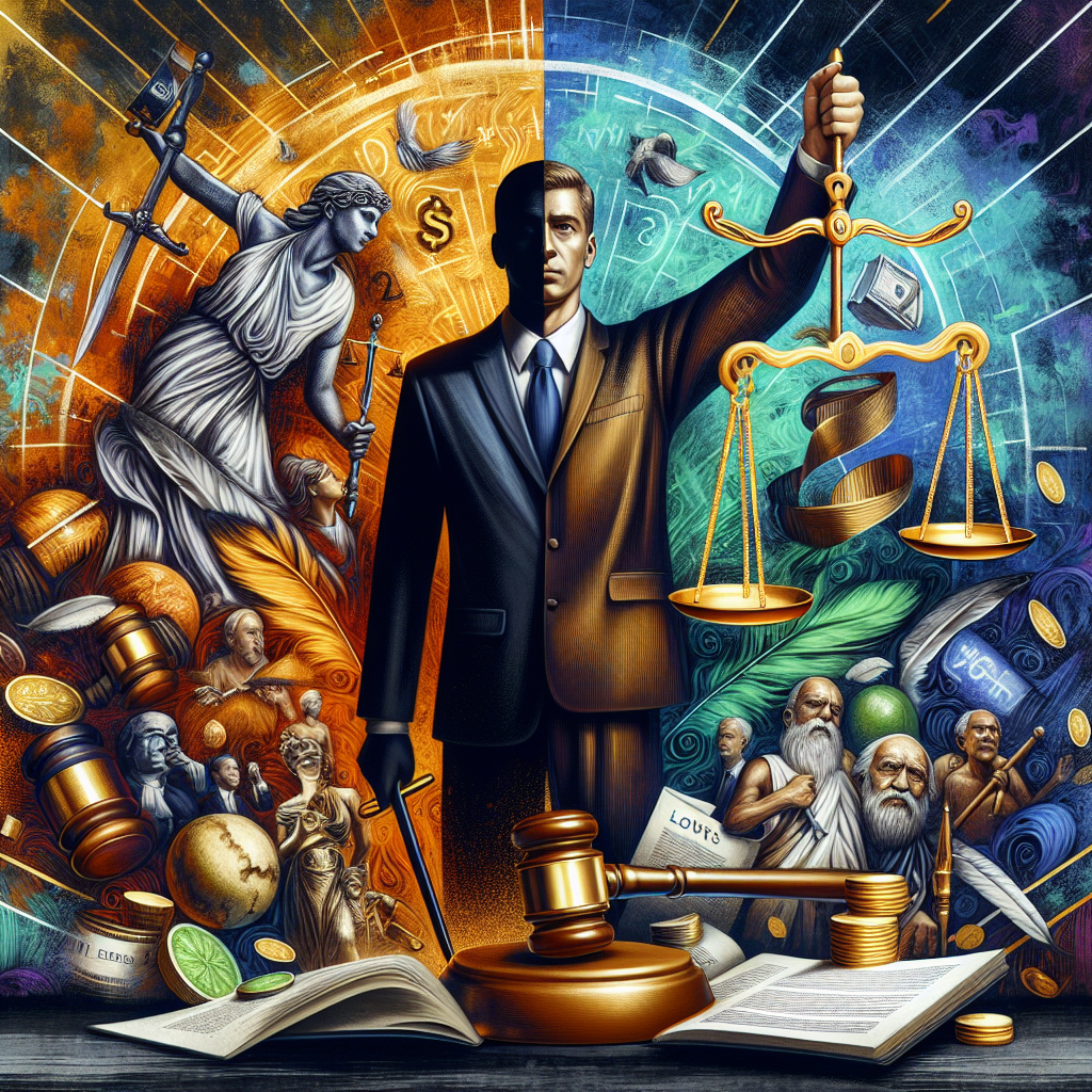 A high-quality, photorealistic image displaying a metaphorical representation of a triumph. At the center of the image, there is a highly skilled lawyer, a man of South Asian descent, holding a golden justice scale symbolizing the winning in liability. Around him, a vibrant backdrop painted with elements related to legal practice and victory such as gavel, laws, court documents. The image is divided into two contrasting halves, with the left half depicting a struggle denoted by dark colors, and the right half showing victory highlighted by bright colors. Subtly embedded in the backdrop is the numeric figure '$22M.'