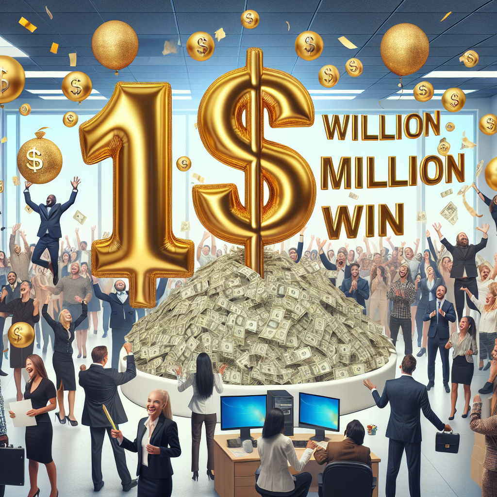 A conceptual image demonstrating a stunning victory for a small business named 'Kemp Jones'. Include the win figure of 14 million dollars, possibly in the form of a large, golden, inflated number balloons or a big winning check. The background should be a busy small office, filled with excited employees celebrating the win. Show a diverse group of people including men and women of various descents such as Caucasian, Hispanic, and South-Asian. Add elements like congratulatory banners, confetti, and joyful expressions to indicate a victorious mood.