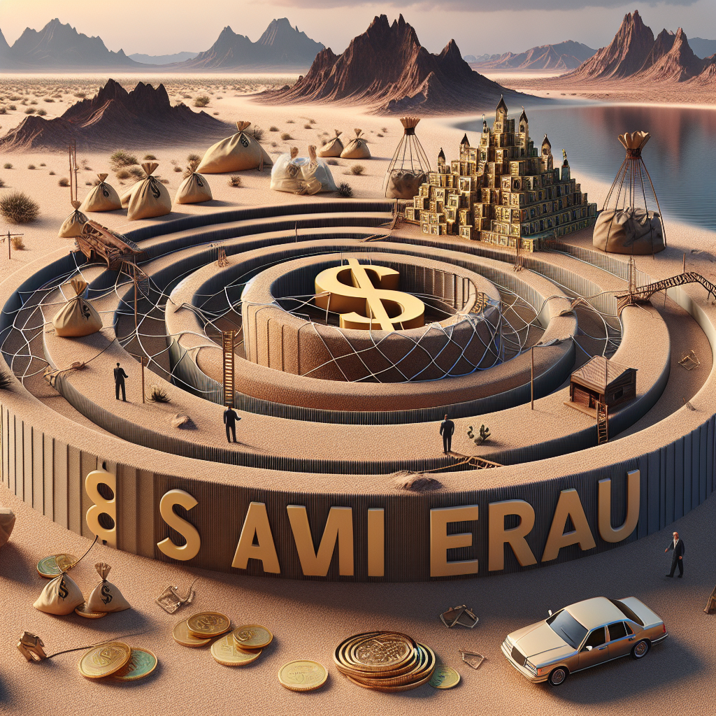 Generate a high-quality, photorealistic image that visually captures the essence of a stunning $18M scam fraud that took place in Nevada. The image could show a metaphorical representation of deception, such as a hidden trap or an intricate maze, set against the backdrop of a desert landscape to symbolize Nevada. Include elements such as luxurious symbols that indicate the magnitude of the scam, like expensive cars or jewelry, without picturing any person. Make sure to portray the high stakes and seriousness of the crime in the image.