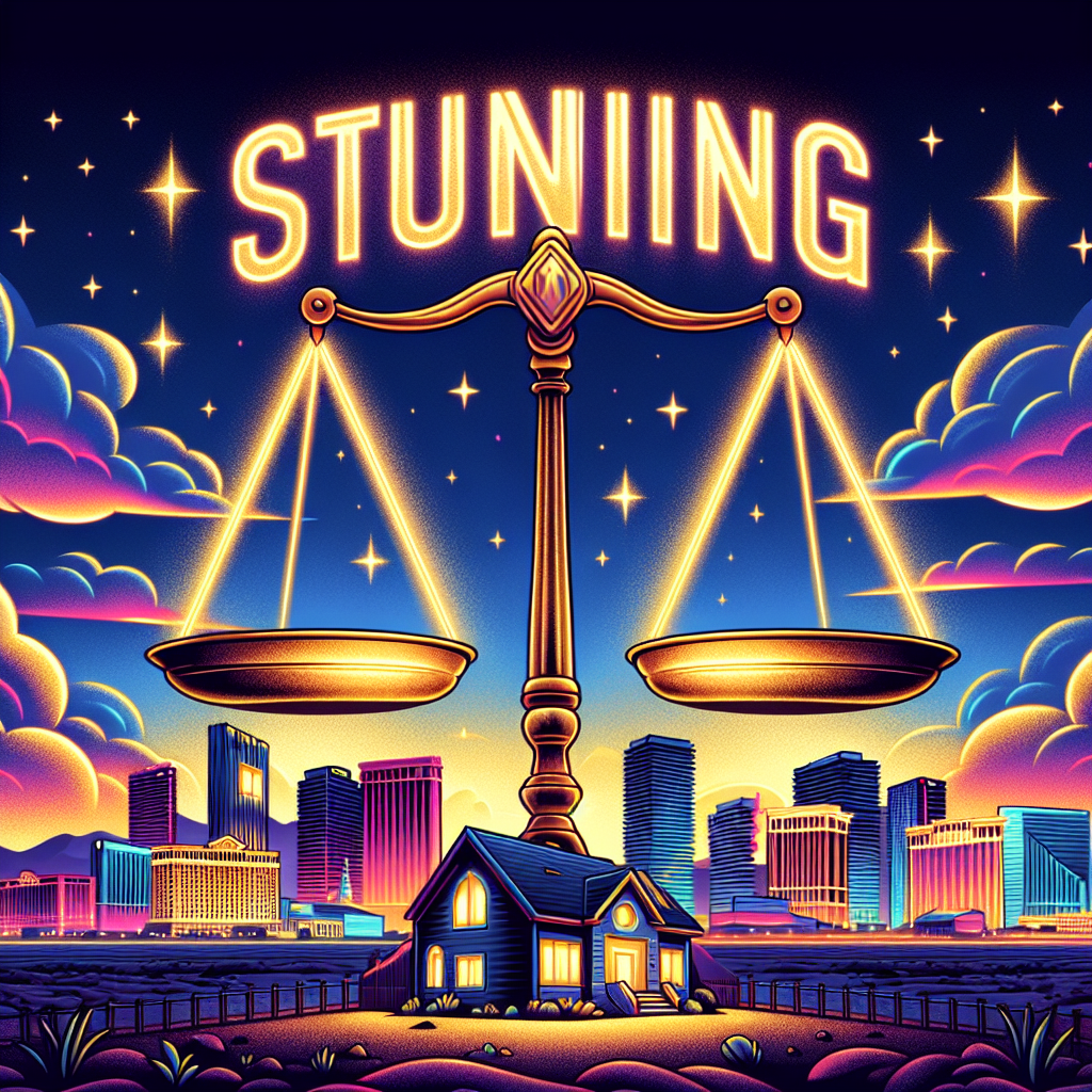 An illustration showcasing a landscape of Las Vegas skyline against a dramatic dusk sky. The skyline is sprinkled with iconic buildings and neon glow hues representative of the city. In front of this skyline, there is a large, gold-colored scale, symbolizing justice, seeming to tip in favor of a small home. This juxtaposes the idea of the 'small' individual against the 'massive' city, representing an 'eminent domain' victory. The word 'Stunning Win' are depicted in bold, vibrant letters in the sky.