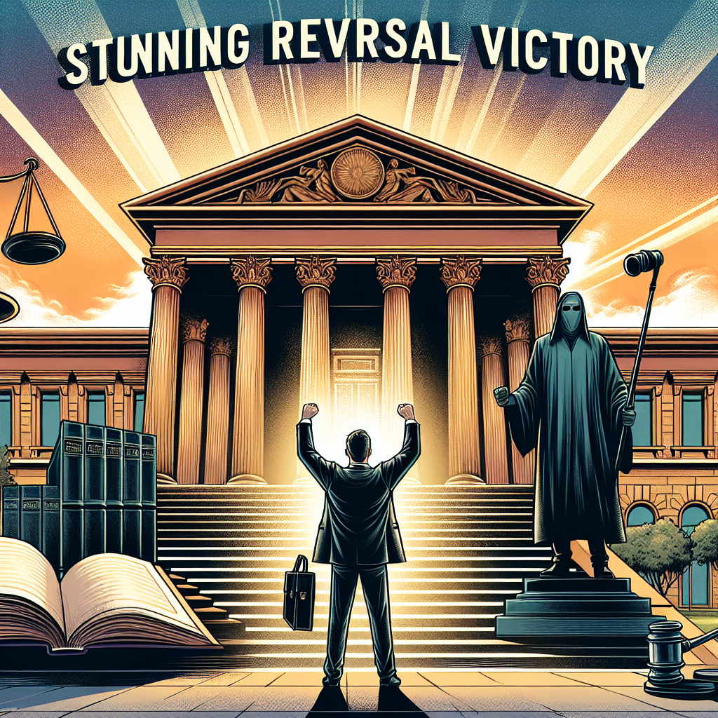 Illustration of a majestic court building with classical architecture. On the entrance steps, an anonymous lawyer rejoices in a victory. In the background, a gavel and a set of law books symbolize justice. The sky is filled with the stunning gradual tones of a sunrise, representing a 'stunning reversal victory'. The headline 'Stunning Reversal Victory' is written in bold letters above the scene.