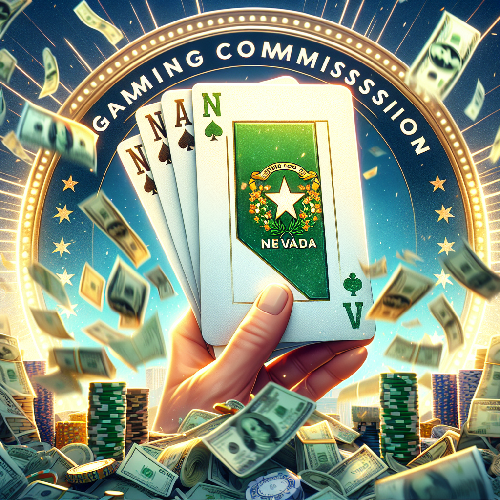 Generate a photorealistic image showcasing a metaphorical victory in a gaming commission context. Illustration could include a playing card with the state of Nevada in the background, symbolic of victory. The atmosphere should signify triumph, success and exhilaration, yet with a clear affinity for the gaming world. Use hues of green signifying money and prosperity, and gold symbolizing a win.