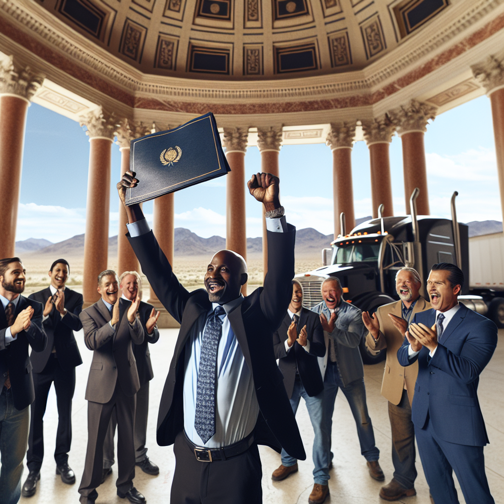 A triumphant moment marking a significant victory in a legal case related to the trucking industry in Nevada. The highlight is an anonymous lawyer, a Black male in his forties, holding up a winning court document with joy under the grand arches of a classical courthouse. Surrounding him are relieved, diverse group of male and female truckers cheering for him, showing their gratitude. The Nevada desert spreads out in the background under a clear blue sky. The atmosphere is one of celebration and victory.