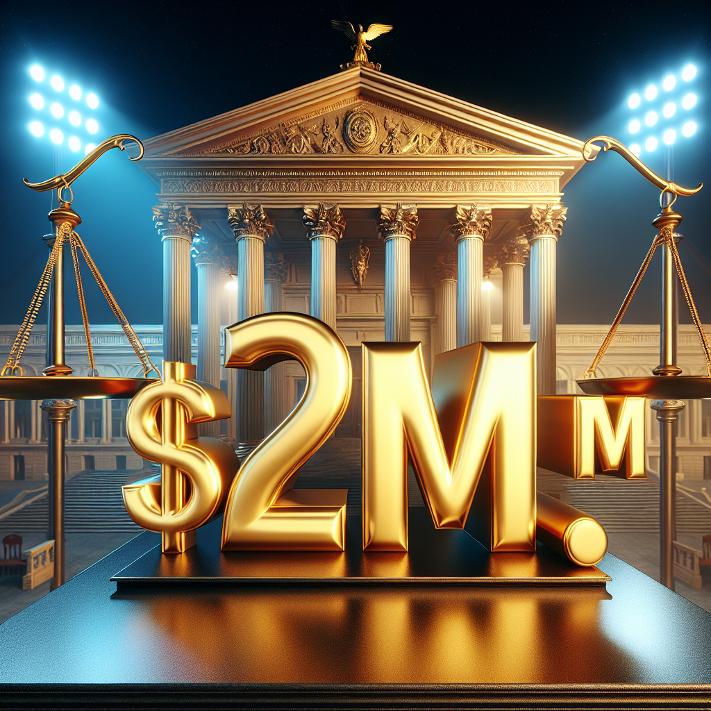 Create a photorealistic image that signifies a stunning triumph in a business related legal case. This image could depict an ornate courthouse with a golden scale of justice prominently displayed in the foreground, thereby symbolically representing the concept of justice. It should contain a large, bold number '$27M' in a vibrant color to represent a significant monetary victory. An atmosphere of celebration should pervade the image.