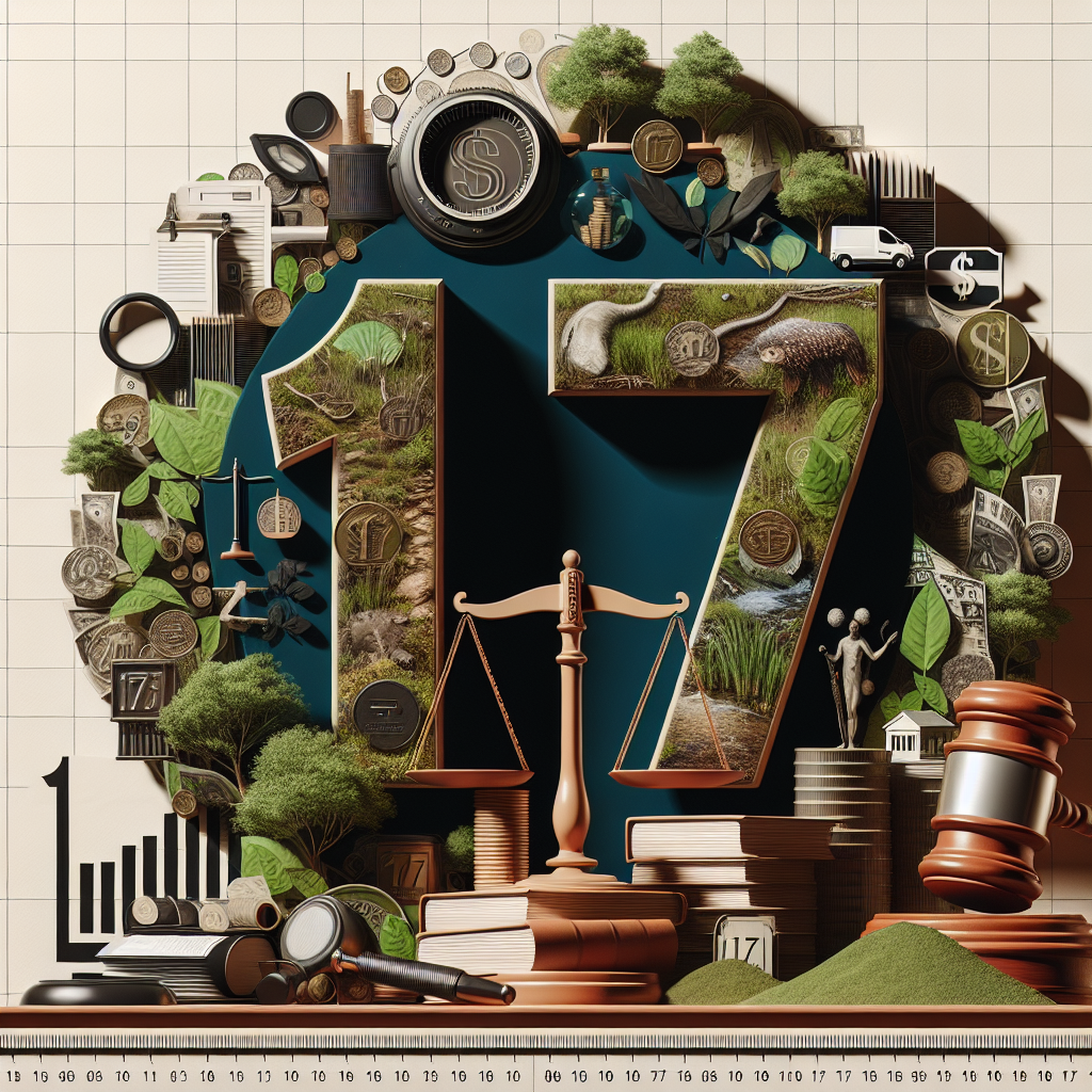 Generate a high-quality, photorealistic image illustrating a metaphorical representation of a legal victory. This should evoke the idea of environmental law and should feature a symbolic visual representation of a $17M bounty. The image could contain elements of a legal setting such as a gavel, law books, and scales of justice. Surround these with various elements pertaining to nature and environment like trees, rivers and endangered species. Meanwhile, the numerical number '17M' should be creatively stylized to represent the monetary victory in the case.