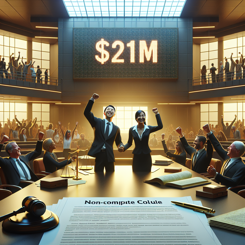 A digital illustration of a large courtroom filled with people. In the center of the room, a table loaded with legal documents and two keen lawyers, an Asian man and a Black woman, jubilantly raising their fists in victory. Prominently displayed on the court room's wall, a gigantic LED scoreboard glows with the figure '$21M'. On the table in front of the lawyers, a document titled 'Non-Compete Clause' lies gracefully bathed in soft golden light from a table lamp.