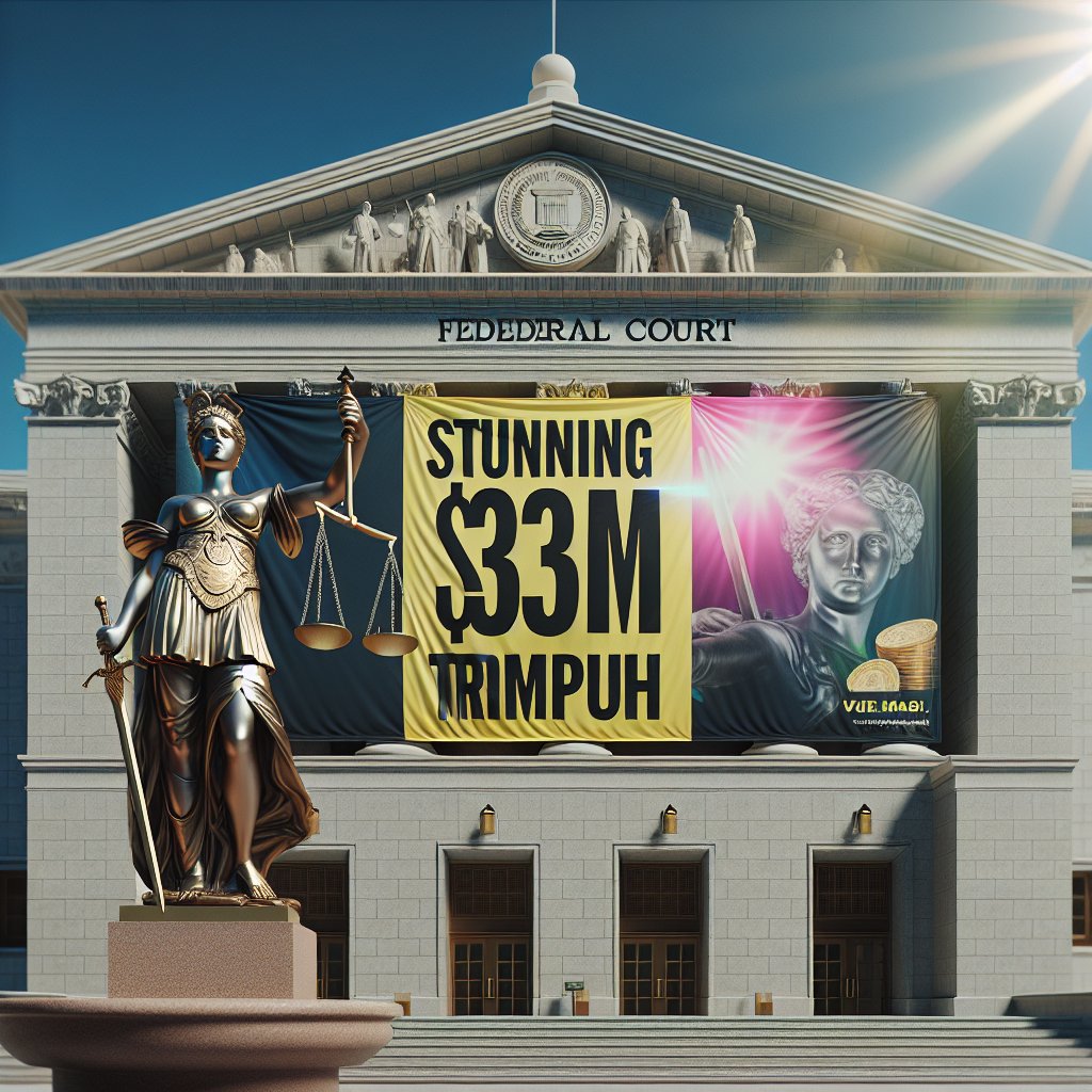 A high-quality photorealistic image represents an imposing federal court building under the bright Nevada sun, showing a prominent statue symbolizing justice holding scales and a sword in front of the building. A banner is draped proudly above the entrance celebrating a 'Stunning $32M Triumph'. The banner is vibrant and full of life, contrasting the serious, sturdy stone architecture of the court. There's a sense of victory, accomplishment, and goodwill in the air.