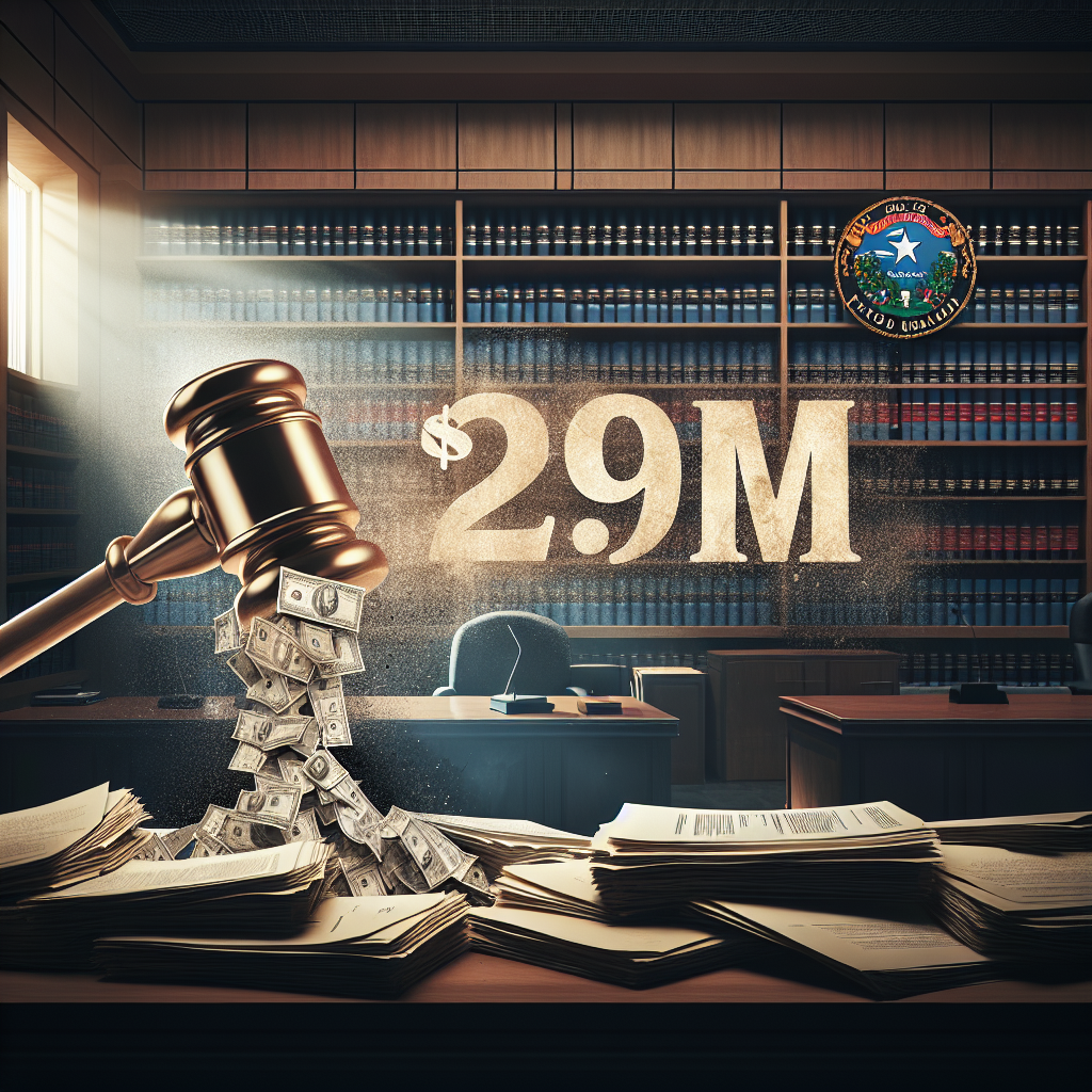 Create an image showcasing a dramatic courtroom scene where a gavel is striking down, signifying a verdict being reached. Supplementary elements include piles of legal documents and files in the backgrounds, some of which are marked 'confidential'. Embed the number '$29M' in a bold, sizable font to emphasize the magnitude of the verdict. To denote the location, subtly incorporate the Nevada state flag or symbolistic elements of Nevada somewhere in the composition. This is for a story tied to a securities fraud court case. Please keep the image high-quality and photorealistic.