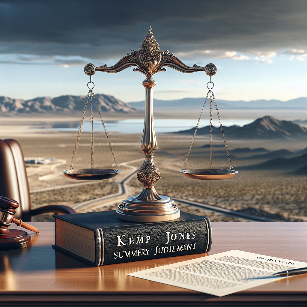 A symbolic image capturing a legal victory in Nevada, embodied through a scale balanced in favor of a book titled 'Kemp Jones Summary Judgment'. The scale sits on a refined wooden desk with a paper reading 'Stunning Nevada Victory'. The surrounding environment suggests a high-end law office, with an expansive view of the Nevada desert in the backdrop. No specific individual or recognizable features of a real person should be included.