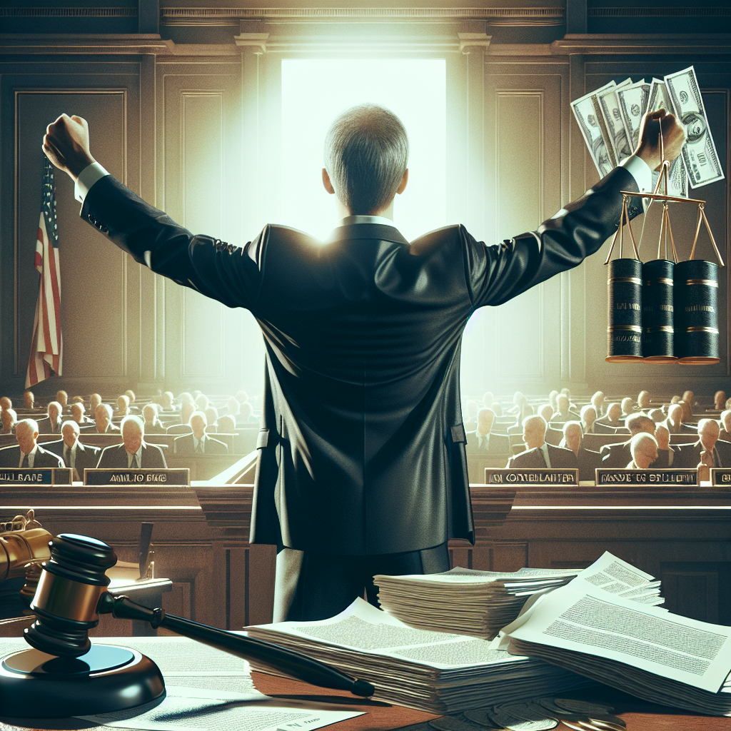 Generate a high-quality, photorealistic image for an article about a distinguished lawyer in a courtroom triumphant after a massive $40M settlement win in a multi-state case. The background should show the crucial documents and proof of the milestone victory. Please ensure the atmosphere is serene and exudes a sense of just victory and immense satisfaction.