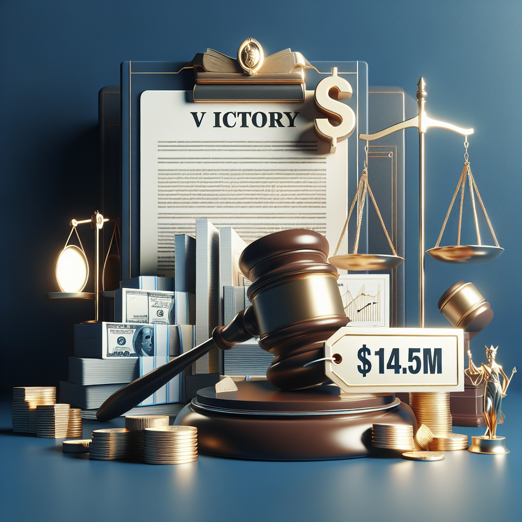 Generate a high-quality, photorealistic image of a legal-themed concept, symbolizing a significant victory in a premises liability case. The visual should depict a gavel, legal documents, and a symbolic representation of victory such as a trophy or gold scales of justice. The image should also include a price tag displaying $14.5M, indicating the value of the victory in the case.