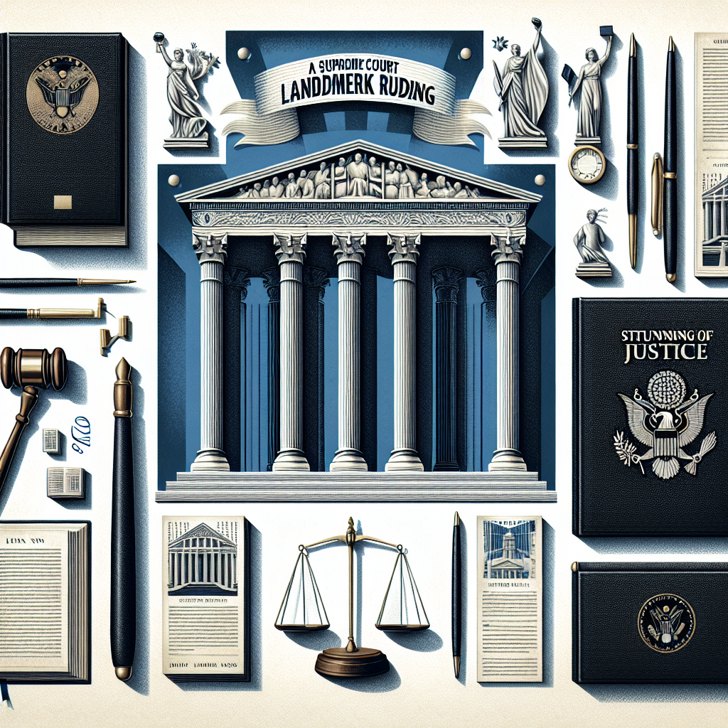 Create an image depicting the concept of a supreme court landmark ruling without featuring any specific individuals. The composition of the image could include symbolic elements such as gavel, court documents, law books, a symbolic representation of the scales of justice, and an abstract representation of a court building. The words 'Kemp Jones Landmark Ruling' can be centrally positioned in bold letters at the top of the image, and 'Stunning Win' at the bottom. The overall tone should be serious and solemn, with a color scheme that uses shades of blue, white, and grey.