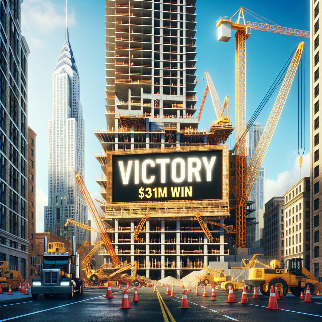 Create a photo-realistic image of an urban construction site with a large crane, vibrant work activity, and a sizeable skyscraper partially built. The focus of the image is a bold sign on the construction site that declares 'Victory!' in large letters. In smaller text beneath, the sign reads '$31M Win'. The day is sunny, casting dynamic shadows and generating a sense of triumph and accomplishment.