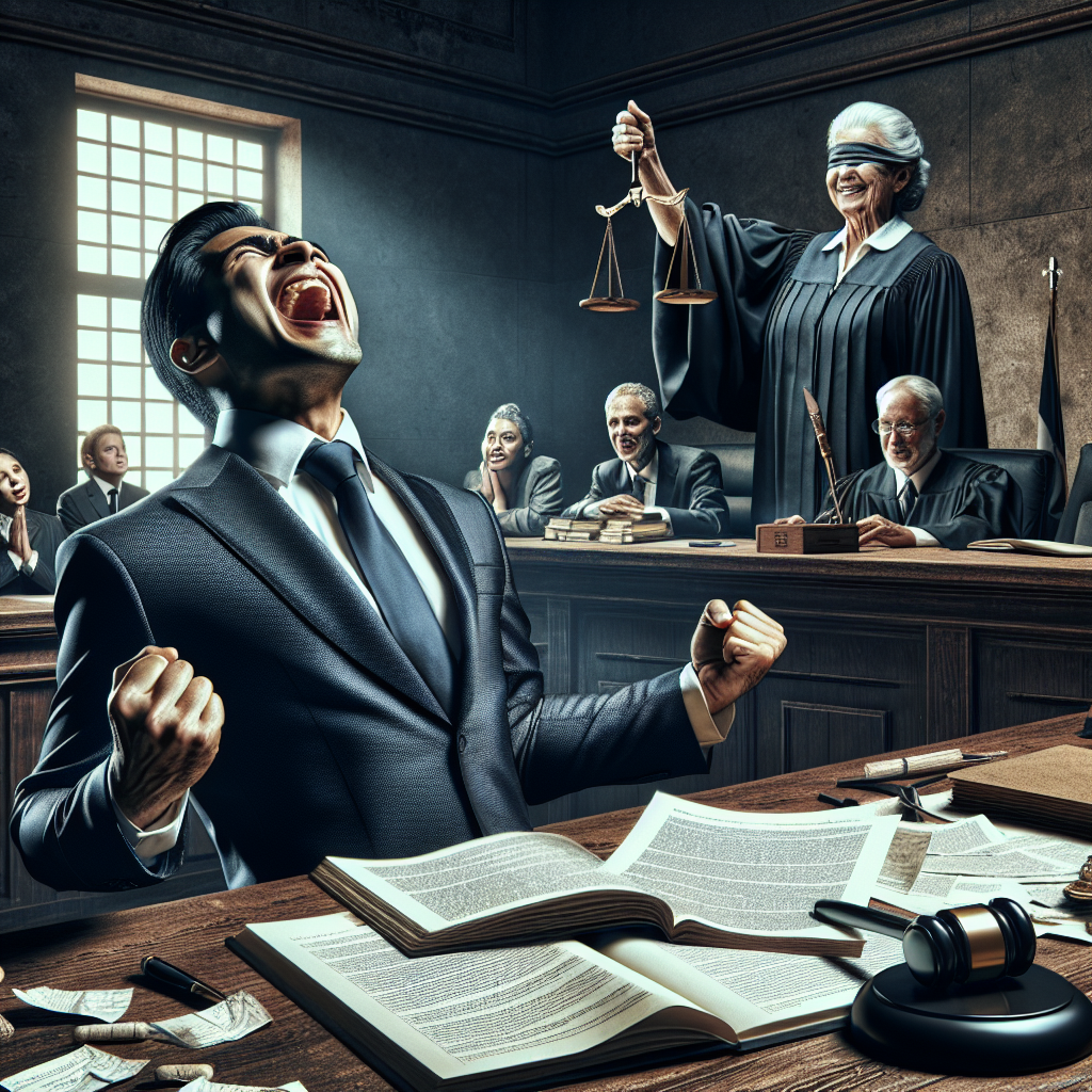 An image depicting an exhilarating moment in a courtroom, symbolizing a triumph over a pharmaceutical corporation. In the foreground, a well-respected, professional South Asian male attorney celebrates his victory; his face displaying a moment of elation. The background depicts the awe-struck faces of the opposing attorneys. A judge, an elderly Black woman depicted as fair and just, oversees the scene. Scattered around the room are documents, legal texts, and the emblem of justice - a blind-folded lady holding a balance scale. The atmosphere is filled with tension turned exhilaration, a representation of a gigantic victory against a pharmaceutical corporation.