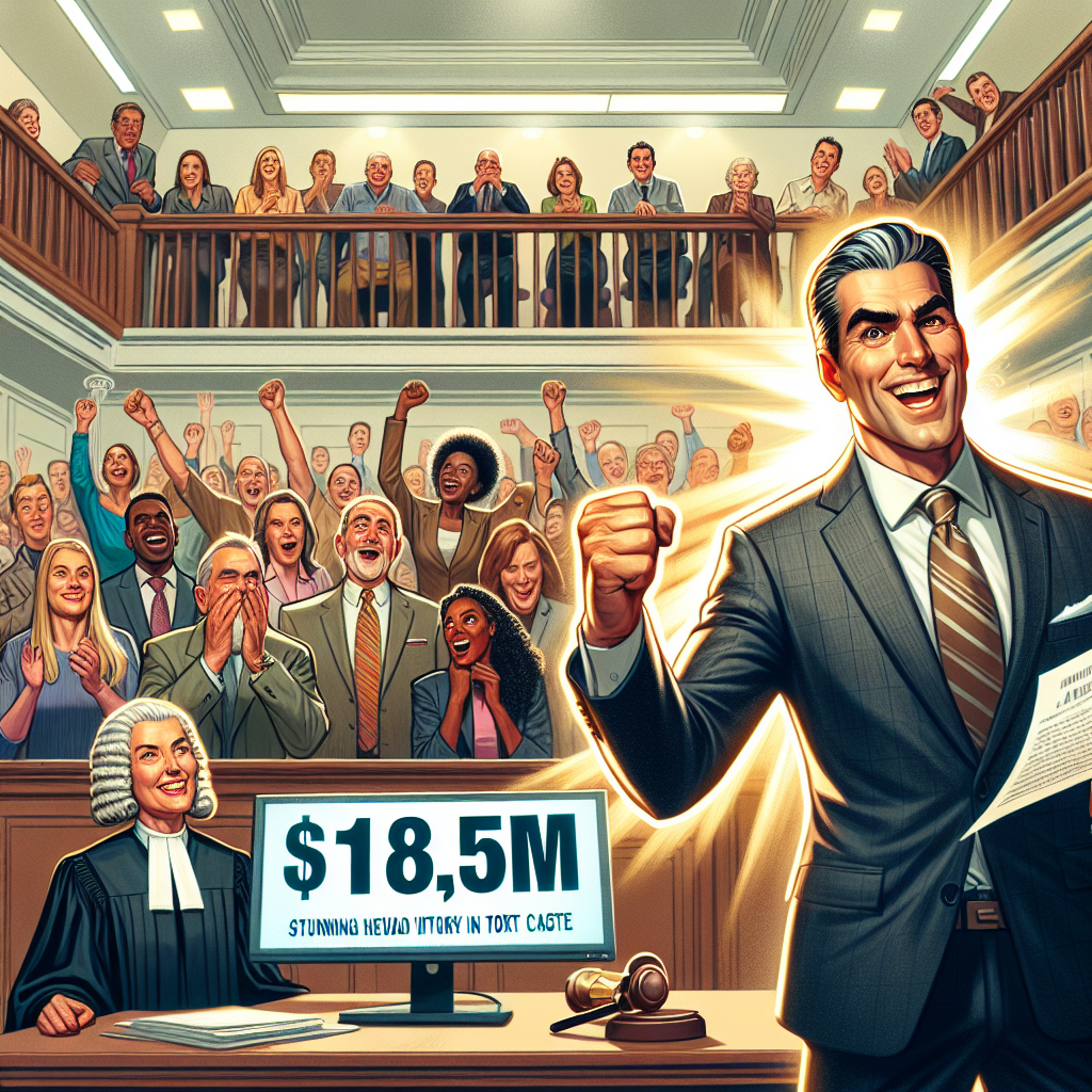 Illustrate a vibrant, bustling courtroom with a focus on a victorious moment. An attorney, who is a mid-aged Hispanic male, with intelligent, triumphant eyes, stands in the foreground proudly holding a piece of paper symbolizing a big legal victory. In the background, a diverse group comprised of an elderly Caucasian male judge, a Black female court reporter, and a panel of jurors from various descents are displaying mixed emotions. A grand total of $18.5M displayed prominently on a digital screen emphasizes the magnitude of the win. The courtroom seats are filled with people expressing surprise, relief, happiness. A caption on the bottom reads: 'Stunning Nevada Victory in Toxic Tort Case'.