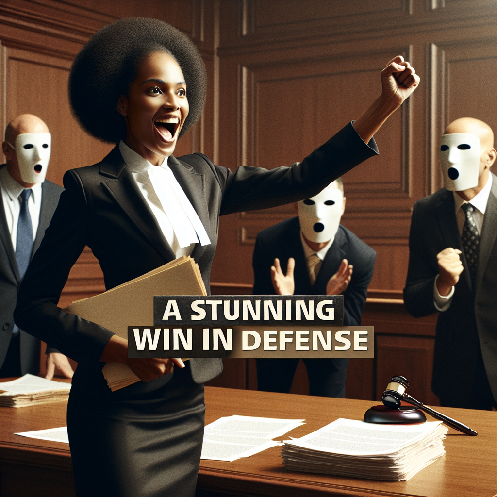 Produce a high-quality, photorealistic image that represents a stunning legal victory in a courtroom. The picture should feature the triumphant attorney, an African American woman, holding a stack of legal papers. Behind her, anonymous court workers are visibly astonished. The image captures the gravitas of the room and the magnitude of the victory. The text, 'A Stunning Win in Defense' is overlaid in bold, triumphant letters.
