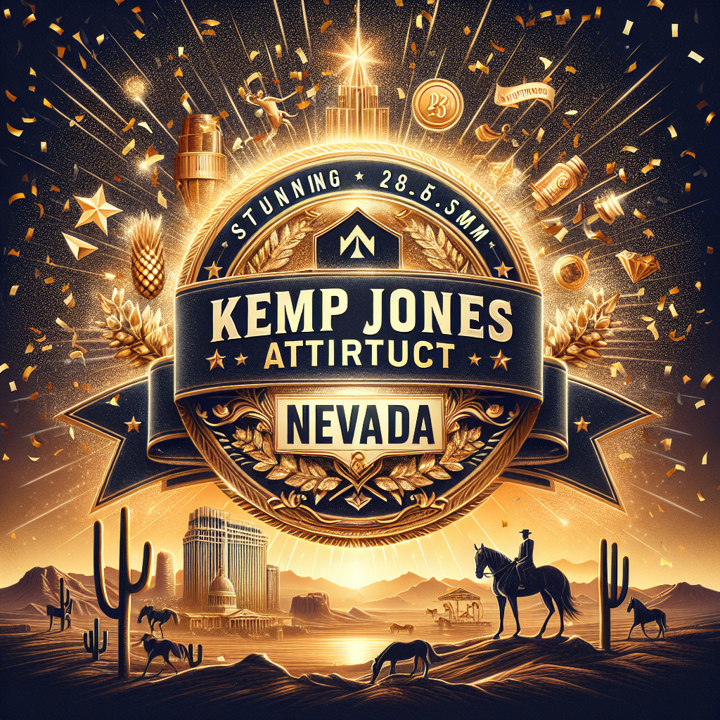 Generate a high-quality, realistic image with a large emblem 'Kemp Jones Antitrust' centrally placed. Surrounding the emblem, showcase the atmosphere of victory with shimmering golden confetti raining down. In the bottom of the image, introduce a striking ribbon stating 'Stunning $28.5M Nevada Victory'. Include elements emblematic of Nevada, like a desert, wild horses or silhouette of Las Vegas skyline, subtly integrated in the background.