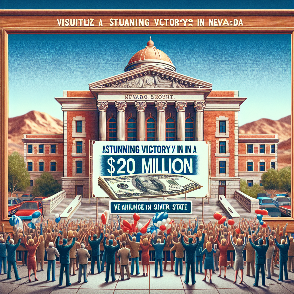 Visualize a stunning victory in a courtroom case in Nevada. Showcase a cheering crowd outside the courthouse with a banner announcing a $20 Million win. Include the unique architecture of Nevada's desert landscapes and the iconic silver state elements. The scene should constitue a festive feel yet maintaining the severity of the court.