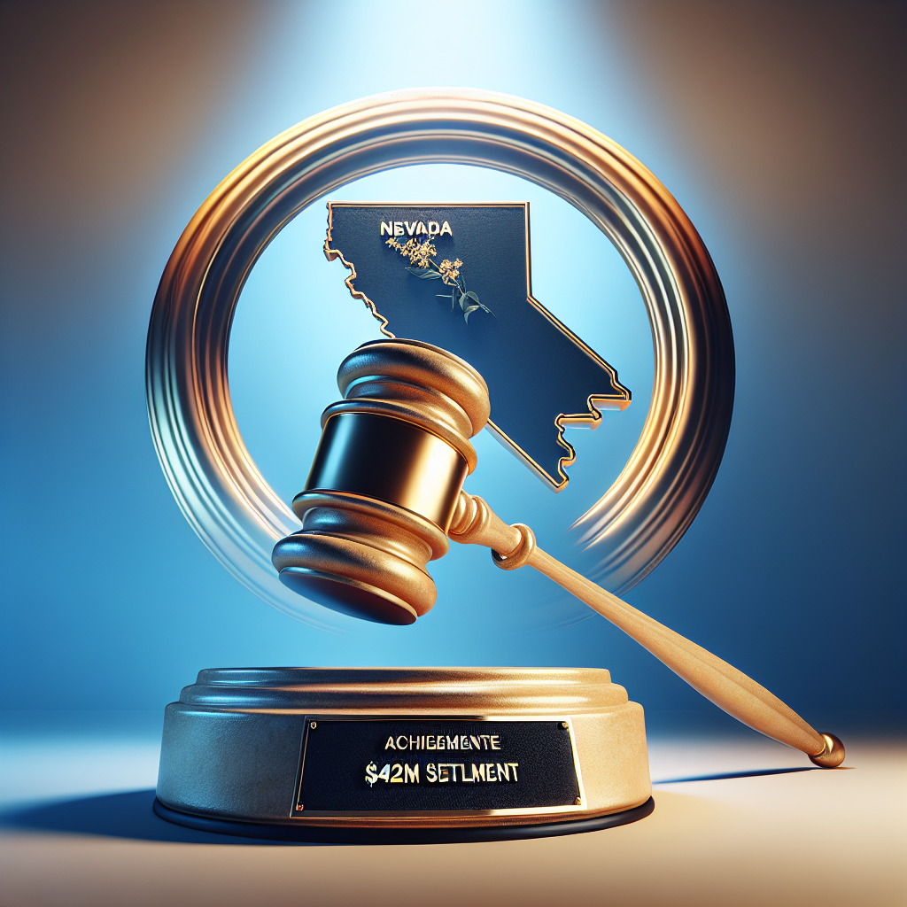 Illustrate a photorealistic image of an impressive, large gold gavel striking down, symbolizing a significant legal settlement. By the gavel, picture a plaque that reads 'Achievement: $42M Settlement' and an abstract representation of the state of Nevada in the background, contrasting sharply against a serene blue sky. The tone of the overall scene should convey a sense of success and resolution.