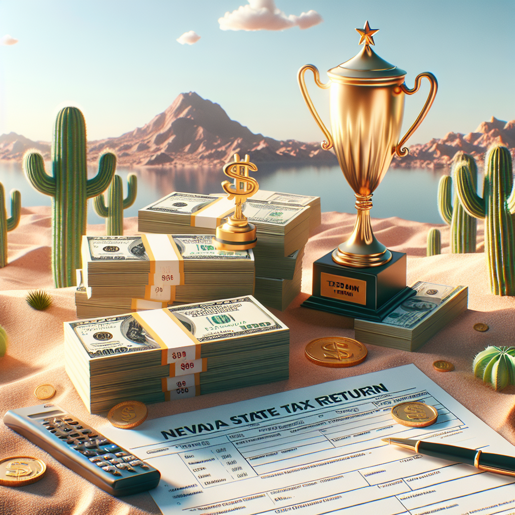 Create a detailed, photorealistic illustration that depicts a concept of substantial tax savings in the Nevada region. The image should show stacks of neatly arranged US dollar bills contrasted with a modest Nevada state tax return form, and a golden trophy symbolizing a significant win. Let's also sprinkle the scene with some Nevada-themed elements, such as a desert background with a cactus and clear, sunny sky. Please do not include any identifiable figures in the image.