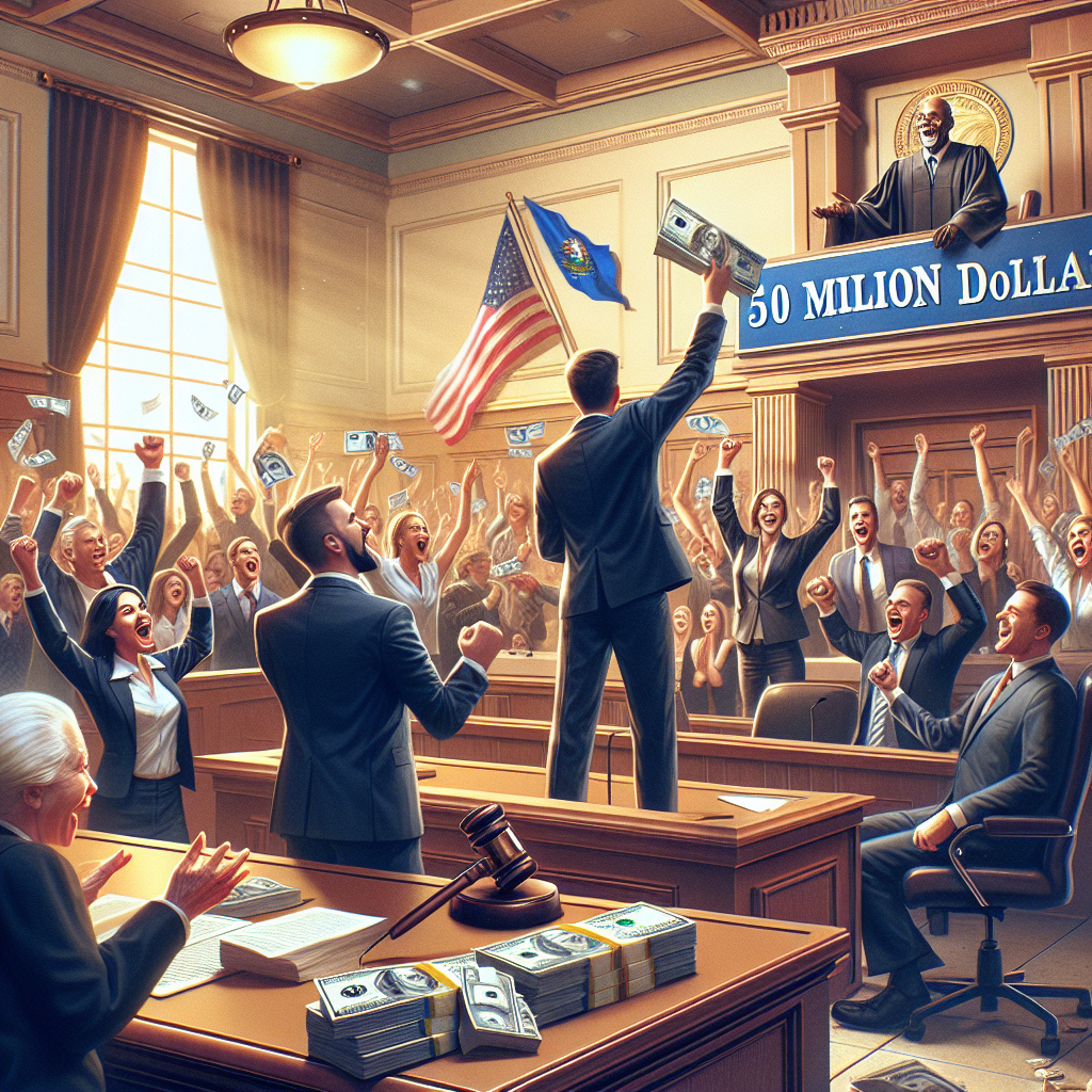 Create a photorealistic image representing a stunning victory in a legal case in Nevada worth 50 million dollars. The scene shows a courtroom with people celebrating, the trial officers and lawyers are ecstatic with joy.