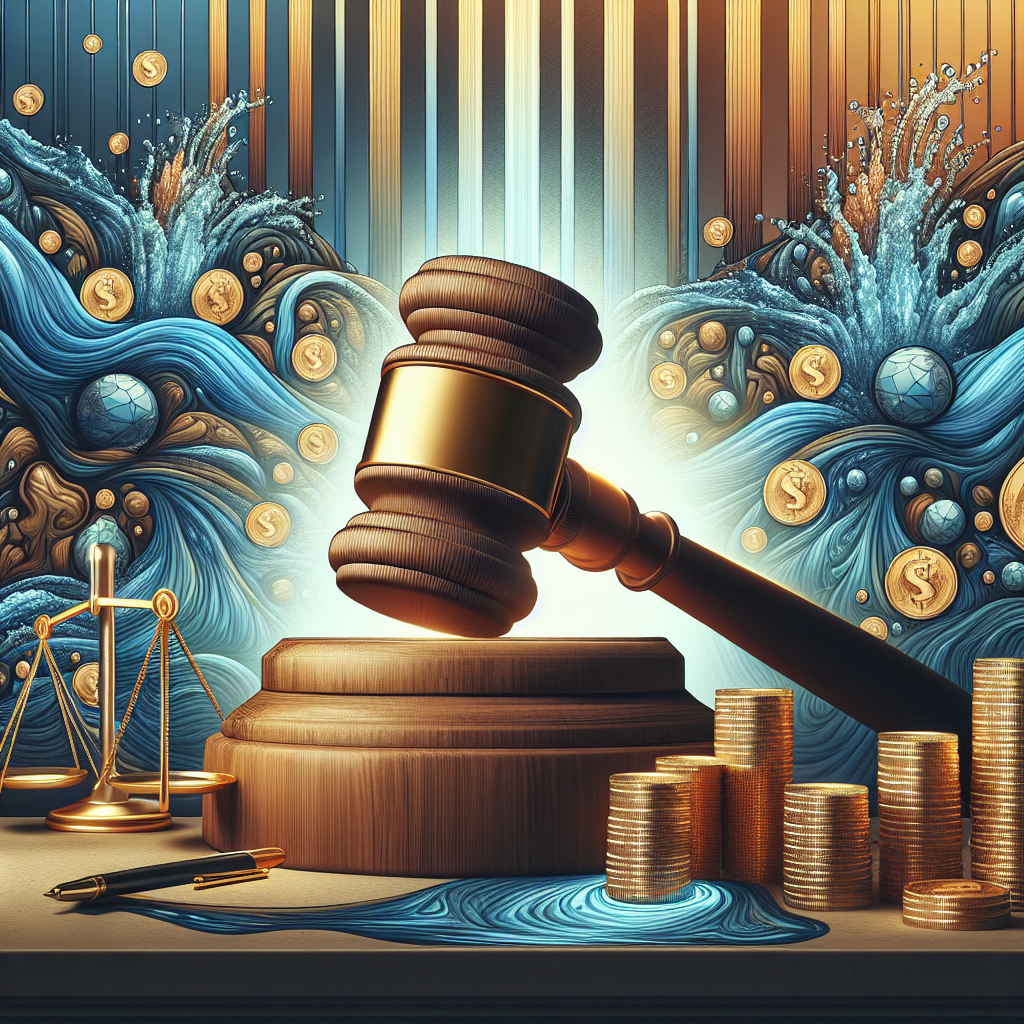Create a detailed visual representation for a news story about a spectacular legal victory related to water rights. The central theme should be a symbolic gavel striking down, suggestive of the precedent-setting decision. In the background, there should be abstract representations of flowing water, embodying the crucial water rights at the center of the case. Additionally, illustrate a counter or table displaying the immense value at stake, hinted by gold coins totaling an amount of 27 million dollars. The overall mood of the image should convey triumph and justice being served.