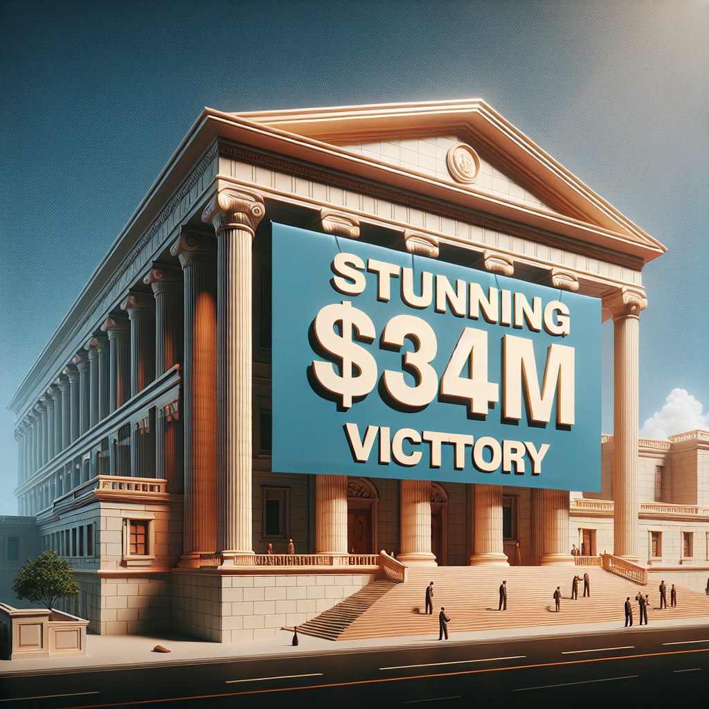 Illustrate the concept of a major win in a legal setting, showing a courthouse with a large banner displaying the message 'Stunning $34M Victory'. Render the scene with a level of surrealism that highlights the importance and magnitude of the victory.