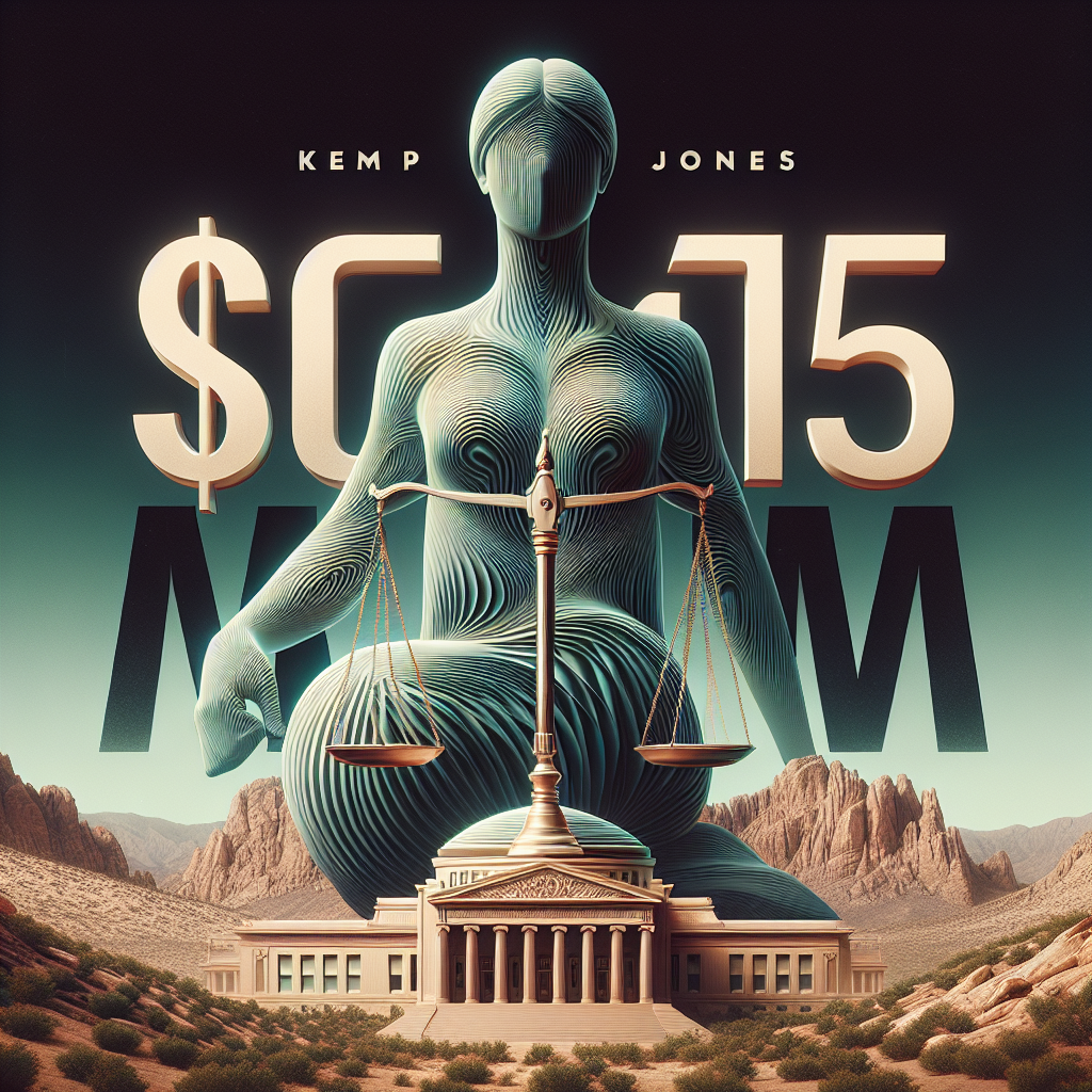 Create a high-resolution, photorealistic image featuring the Nevada landscape as the backdrop, showcasing an abstract representation of the scales of justice. Overlaying this should be a large, bold number '$15.5M' to signify a substantial win. On the bottom, include the inscription 'Kemp Jones Win'. Please ensure that the overall image creates a feel of triumph and justice being served.