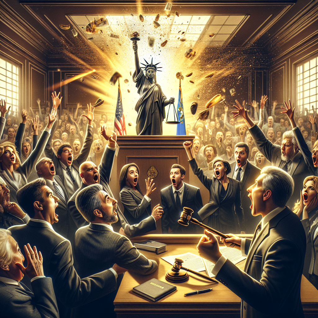 Create a photorealistic image representing a stunning victory in a courtroom scenario in Nevada, related to a bankruptcy fraud case. Depict the intense expressions of the people in the room, including the judge, lawyers, and spectators. The emphasis should be on the unexpected win, sparking a wave of surprise and incredulity sweeping through the room. The image should have elements indicative of legal proceedings and the justice system, like a gavel, briefcases, paper documents, and the scales of justice.