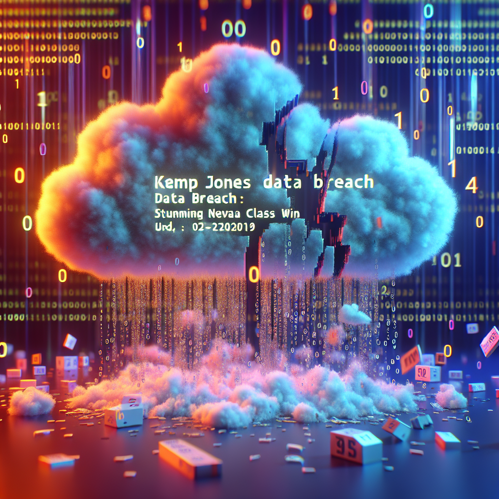 Render an image that represents a major data breach event. The image should depict a cloud filled with data, symbolized by 0s and 1s, being broken into, from which the data is spilling out. Include the text 'Kemp Jones Data Breach: Stunning Nevada Class Win' as the headline in the image. Make the setting abstract and digital, and please use vibrant colors to emphasize the severity of the event.