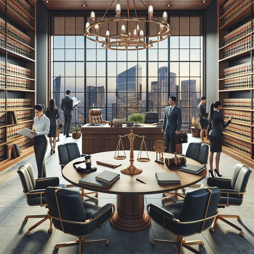 Generate an image of an upscale, bustling law office interior showcasing modern design but maintaining traditional legal motifs. The scene includes wooden shelves filled with law books, an elegant circular conference table in the middle of the room featuring a glass top, a gilded balance scale and a gavel on the table, tall windows in the background showcasing a cityscape (skyline) hinting at the location in Nevada. Features employees of diverse gender and descent - a Caucasian female paralegal organizing papers, a Hispanic male lawyer preparing for a meeting, and a Black female secretary answering a phone call.