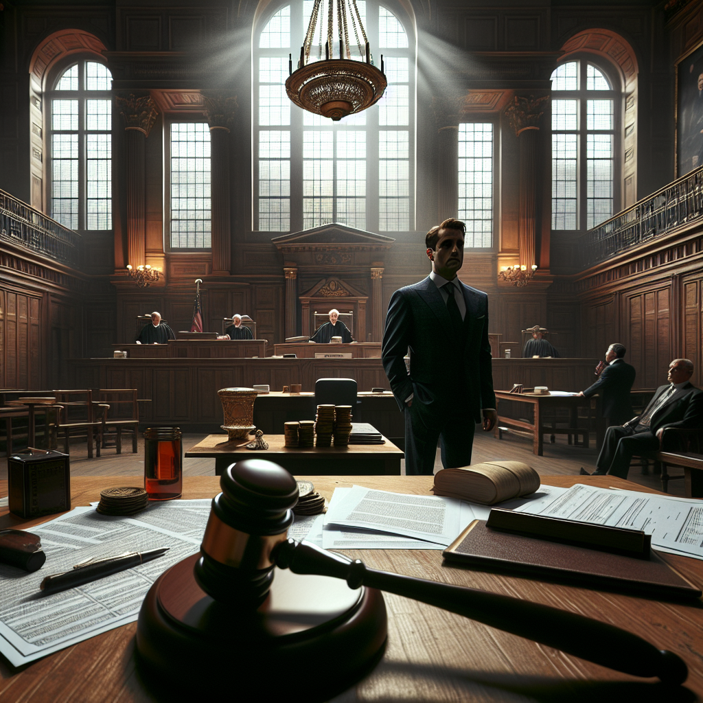 A dramatized scene showing the unfolding of a high-stakes securities fraud trial. The setting is in a grand courtroom, with a wooden interior and large, imposing windows letting in daylight for natural lighting and casting soft shadows around. A gavel in mid-air hints at the judge's recent declaration of a large $29 million verdict. The accused party, a businessman of Caucasian descent, exhibits a stunned expression. There are stacks of legal documents and court transcripts strewn across the tables, alluding to the complex financial proceedings involved in the case.