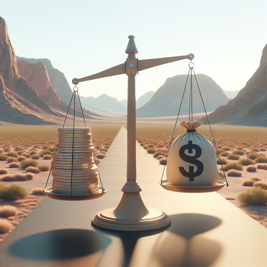 Create a photorealistic image signifying a remarkable victory, with a metaphorical scale showcasing a significant lean towards the winning side, symbolically representing a $23M win. The setting should be in Nevada, featuring its iconic dry landscape and desert surroundings. The overall image should embody natural lighting and soft shadows, creating a soft yet detailed rendition of the scene.