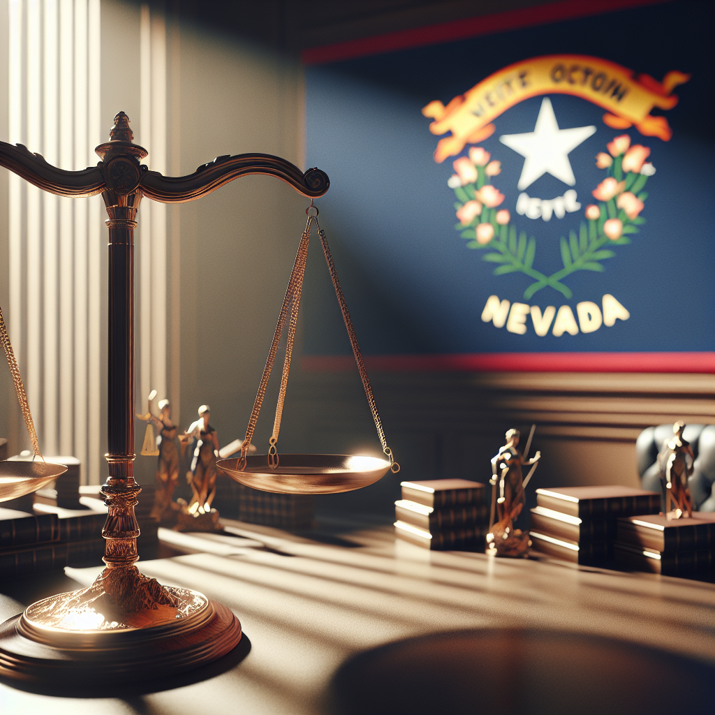 A high-quality, photorealistic image of a significant victory in Nevada. The scene is lit with soft, natural light, creating gentle shadows. There are no explicit depictions of individuals, but rather symbolic representations of the event. This might include a classical scale of justice placed prominently, a map or flag of Nevada in the background, and other elements indicating a courtroom or legal victory. The whole image is saturated with a sense of triumph and justice.