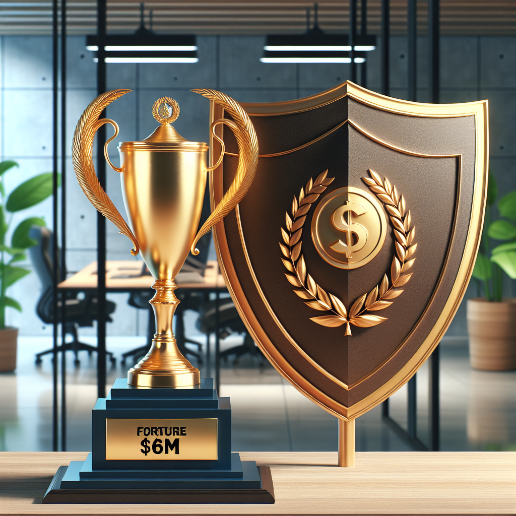 Create a photorealistic image with natural lighting and soft shadows. The scene involves a symbol of victory such as a gold trophy or a medal, and a shield signifying protection. The backdrop is a modern corporate office with a sign in the foreground indicating a fortune of $6M.