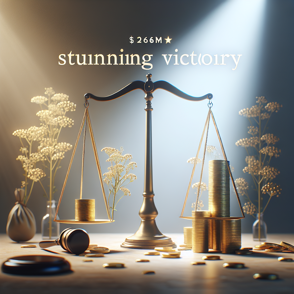 Create a high-quality, photorealistic image illustrating a stunning victory in a birth injury case, with a conceptual representation of a $26M win. Imagine the image under natural lighting with soft shadows, featuring a balance scale denoting justice and a number of gold coins denoting the victorious sum of $26M.