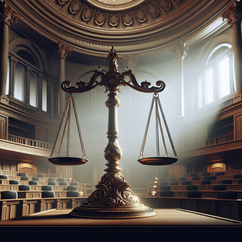 Create a symbolic, high-quality, photorealistic image representing a momentous court victory. Create a grand courtroom environment with ornate architectural details, showing a balanced scale, which is traditionally a symbol of justice, tipped slightly indicating a favorable verdict. Use natural lighting, casting soft shadows for a dramatic effect.