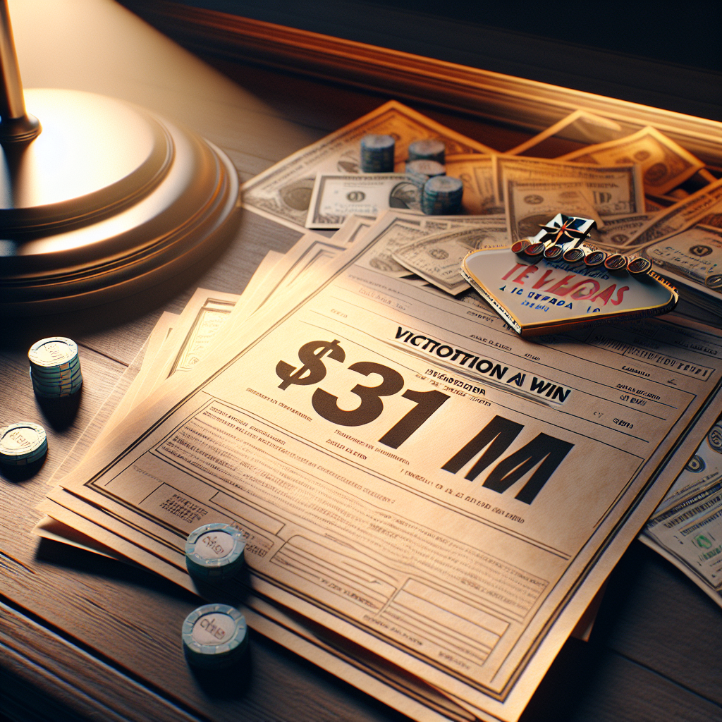 A photorealistic image showcasing a scenario of a victorious win. Natural lighting illuminates the documents revealing a score of '$31M' with a Nevada-themed backdrop. Soft shadows make the scene more dramatic, emphasizing the triumph.