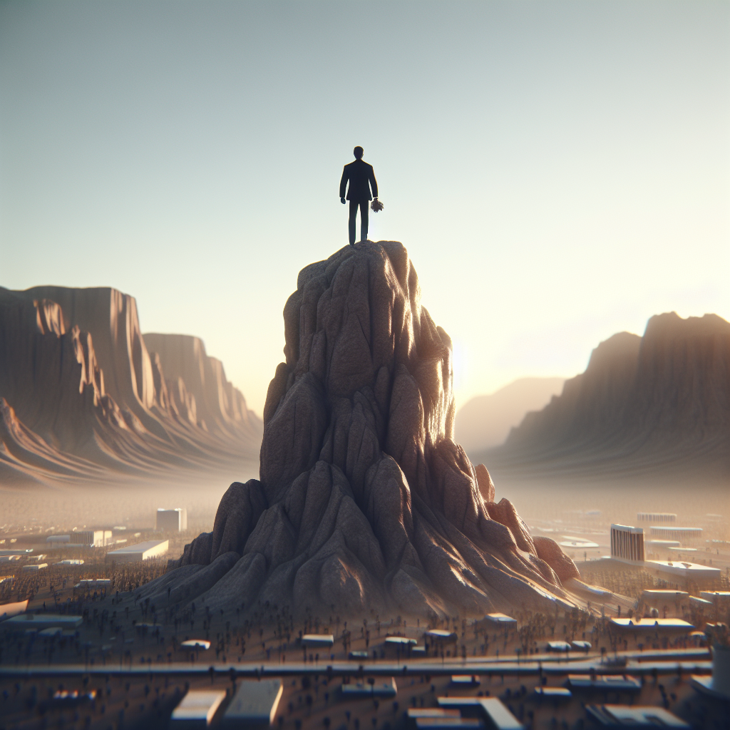 High-quality, photorealistic image portraying a symbolic representation of an important achievement by a small, nondescript figure over a bigger and powerful metaphorically represented conglomerate in Nevada. The scene should capture natural lighting and soft shadows, illustrating a stark contrast between the two parties. The smaller figure stands victorious, showcasing stunning resilience and determination, while the larger one is depicted in a state of defeat.