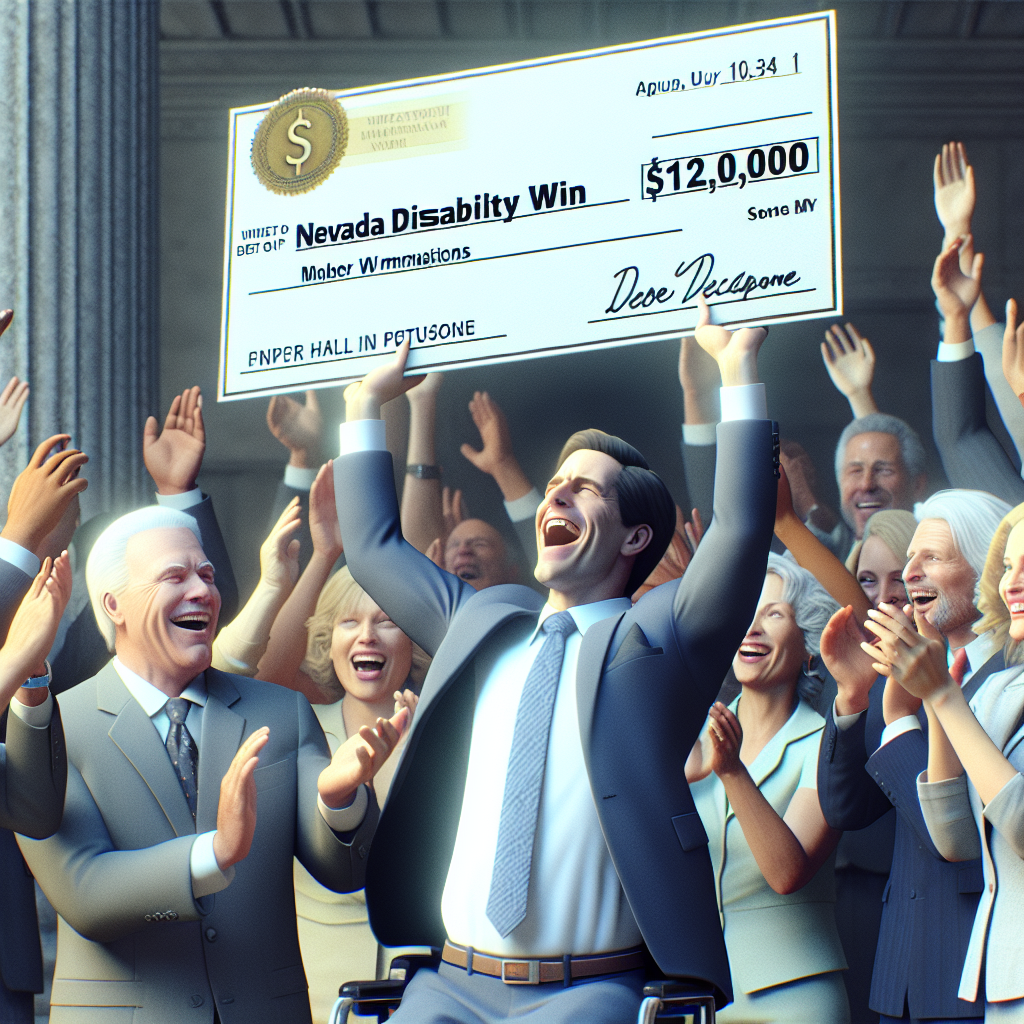 Create a detailed, high-quality image capturing a moment of victory in natural lighting with soft shadows. Depict a jubilant Caucasian man in his mid-40s, dressed smartly, holding up an oversized $12 million cheque with 'Nevada Disability Win' inscribed on it. Around him, people cheer and applaud, their faces filled with joy and admiration. Use realistic and photographic styles for this image.